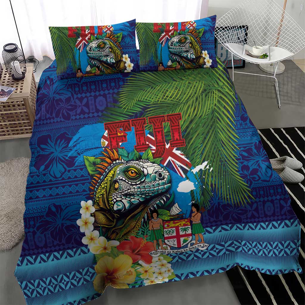 Fiji Iguana-Coat of Arms Bedding Set with Hibiscus and Plumeria Palm Tree Tapa Art