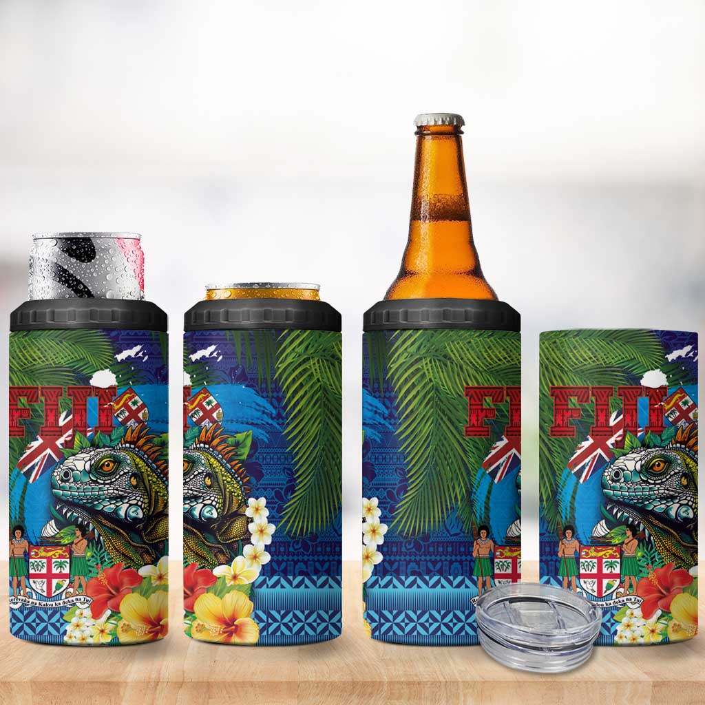Fiji Iguana-Coat of Arms 4 in 1 Can Cooler Tumbler with Hibiscus and Plumeria Palm Tree Tapa Art