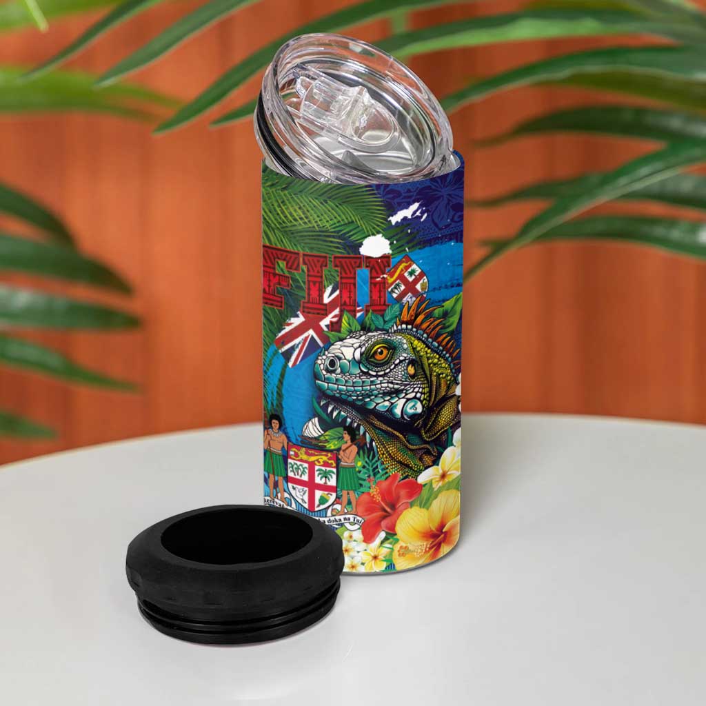 Fiji Iguana-Coat of Arms 4 in 1 Can Cooler Tumbler with Hibiscus and Plumeria Palm Tree Tapa Art