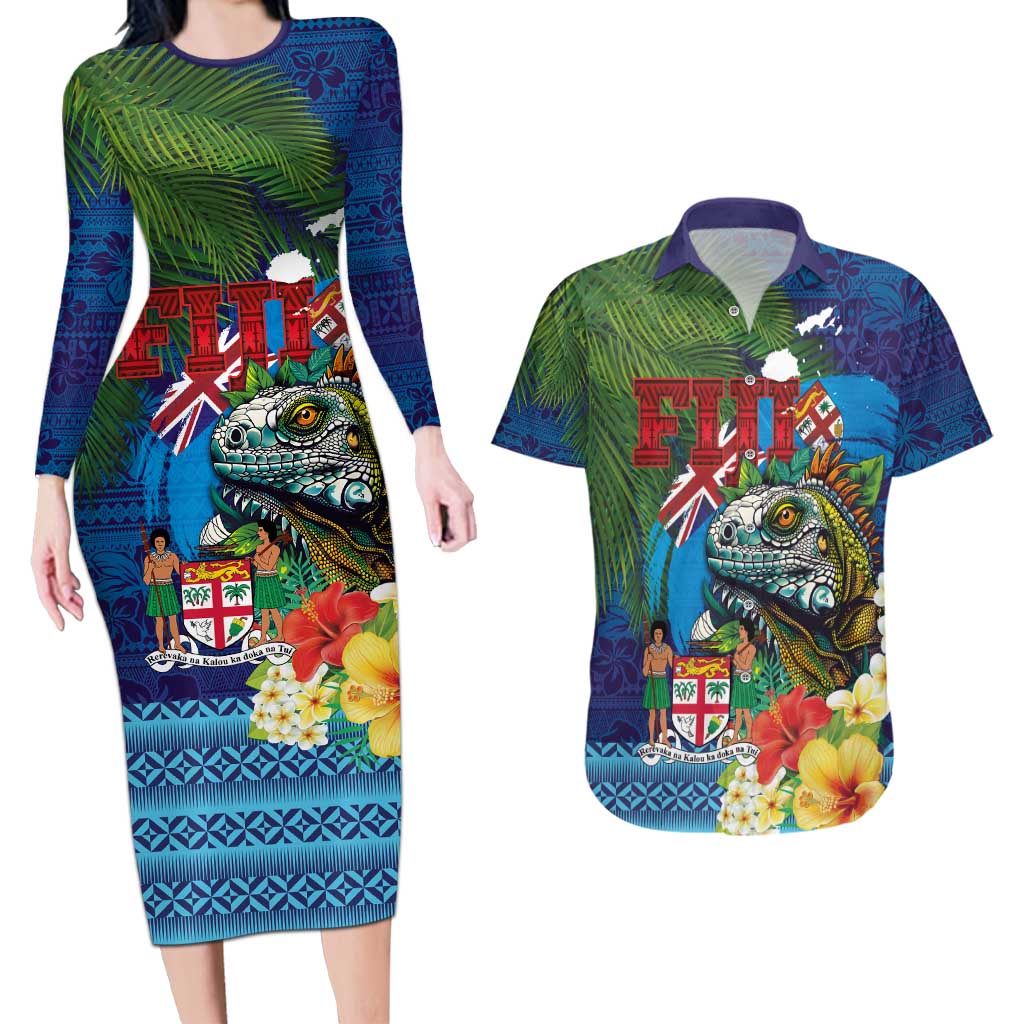 Fiji Iguana-Coat of Arms Couples Matching Long Sleeve Bodycon Dress and Hawaiian Shirt with Hibiscus and Plumeria Palm Tree Tapa Art