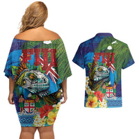 Fiji Iguana-Coat of Arms Couples Matching Off Shoulder Short Dress and Hawaiian Shirt with Hibiscus and Plumeria Palm Tree Tapa Art