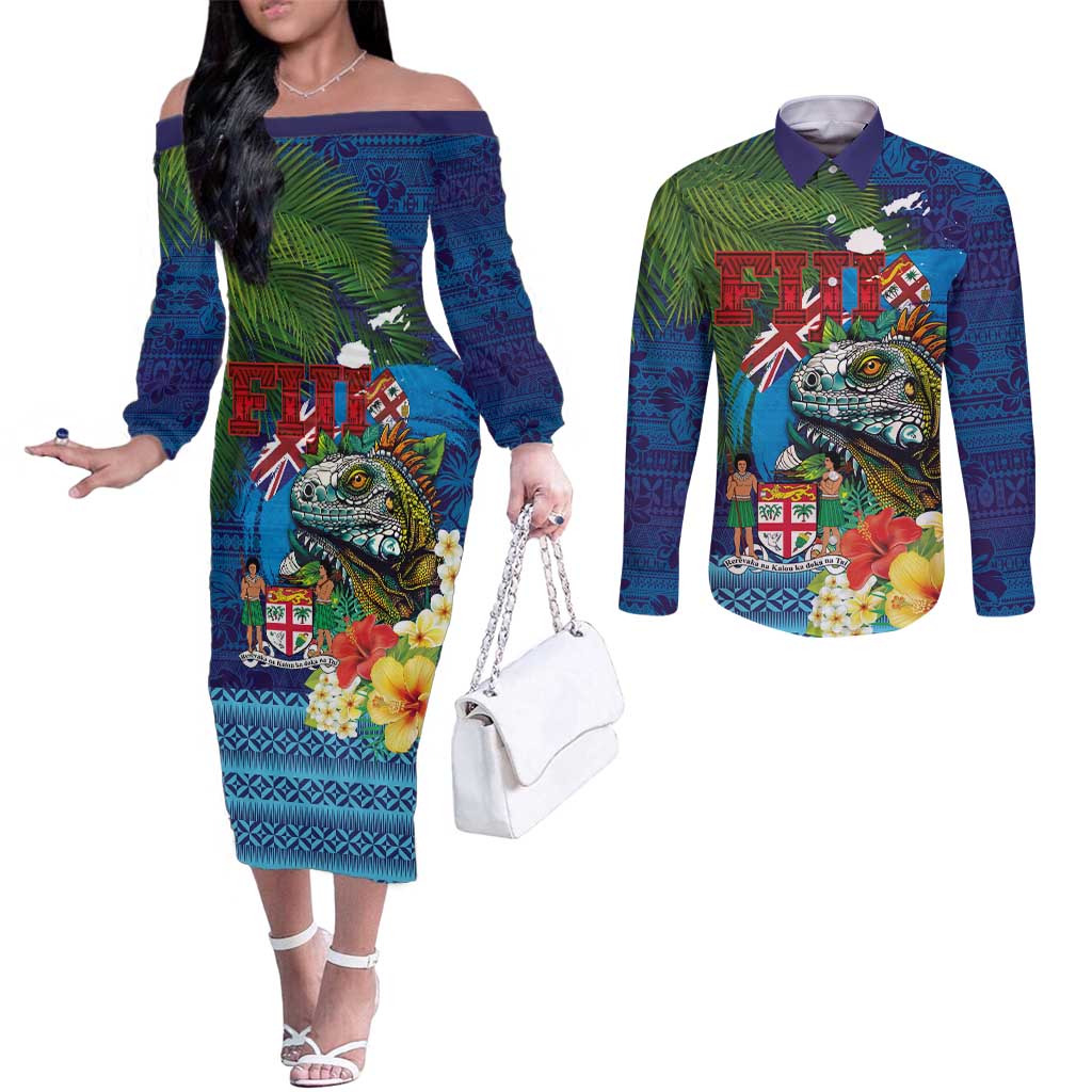 Fiji Iguana-Coat of Arms Couples Matching Off The Shoulder Long Sleeve Dress and Long Sleeve Button Shirt with Hibiscus and Plumeria Palm Tree Tapa Art