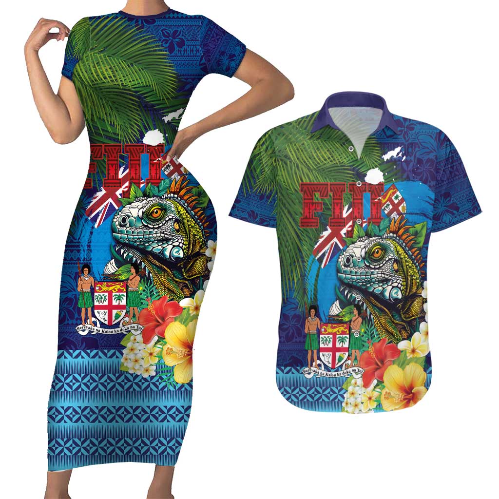 Fiji Iguana-Coat of Arms Couples Matching Short Sleeve Bodycon Dress and Hawaiian Shirt with Hibiscus and Plumeria Palm Tree Tapa Art