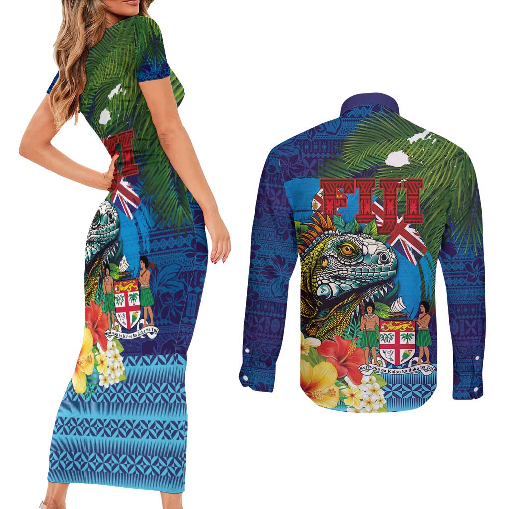 Fiji Iguana-Coat of Arms Couples Matching Short Sleeve Bodycon Dress and Long Sleeve Button Shirt with Hibiscus and Plumeria Palm Tree Tapa Art