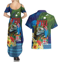 Fiji Iguana-Coat of Arms Couples Matching Summer Maxi Dress and Hawaiian Shirt with Hibiscus and Plumeria Palm Tree Tapa Art