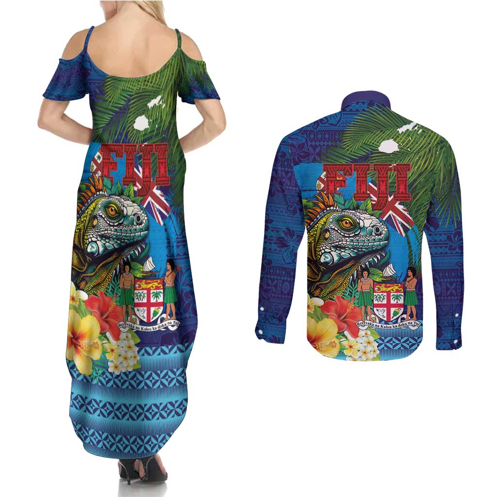 Fiji Iguana-Coat of Arms Couples Matching Summer Maxi Dress and Long Sleeve Button Shirt with Hibiscus and Plumeria Palm Tree Tapa Art