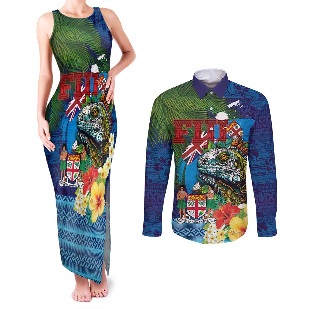 Fiji Iguana-Coat of Arms Couples Matching Tank Maxi Dress and Long Sleeve Button Shirt with Hibiscus and Plumeria Palm Tree Tapa Art