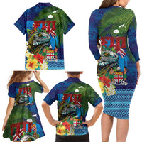 Fiji Iguana-Coat of Arms Family Matching Long Sleeve Bodycon Dress and Hawaiian Shirt with Hibiscus and Plumeria Palm Tree Tapa Art