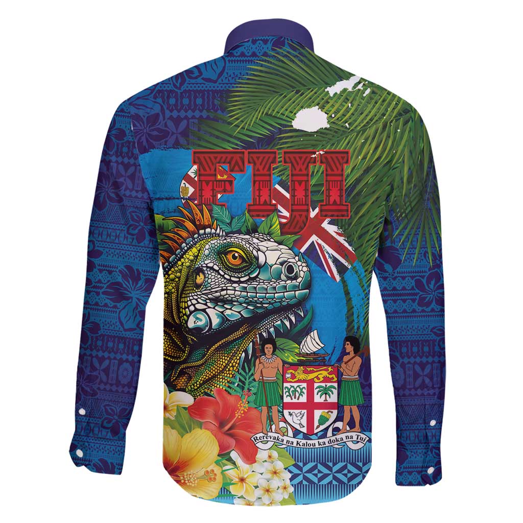 Fiji Iguana-Coat of Arms Family Matching Long Sleeve Bodycon Dress and Hawaiian Shirt with Hibiscus and Plumeria Palm Tree Tapa Art