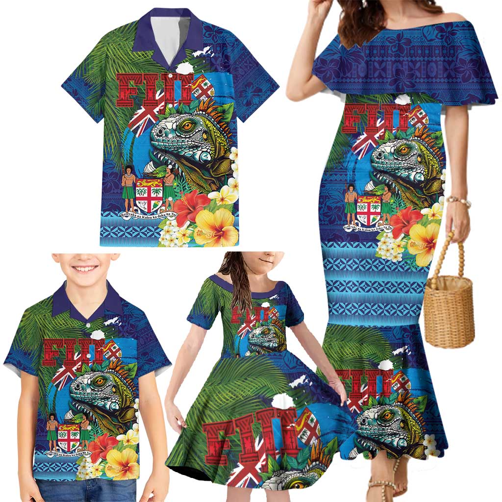Fiji Iguana-Coat of Arms Family Matching Mermaid Dress and Hawaiian Shirt with Hibiscus and Plumeria Palm Tree Tapa Art