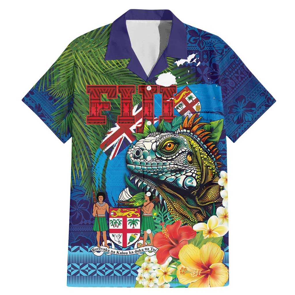 Fiji Iguana-Coat of Arms Family Matching Mermaid Dress and Hawaiian Shirt with Hibiscus and Plumeria Palm Tree Tapa Art