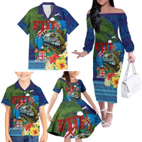 Fiji Iguana-Coat of Arms Family Matching Off The Shoulder Long Sleeve Dress and Hawaiian Shirt with Hibiscus and Plumeria Palm Tree Tapa Art
