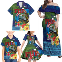 Fiji Iguana-Coat of Arms Family Matching Off Shoulder Maxi Dress and Hawaiian Shirt with Hibiscus and Plumeria Palm Tree Tapa Art