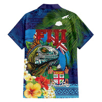 Fiji Iguana-Coat of Arms Family Matching Off Shoulder Maxi Dress and Hawaiian Shirt with Hibiscus and Plumeria Palm Tree Tapa Art