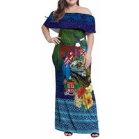 Fiji Iguana-Coat of Arms Family Matching Off Shoulder Maxi Dress and Hawaiian Shirt with Hibiscus and Plumeria Palm Tree Tapa Art