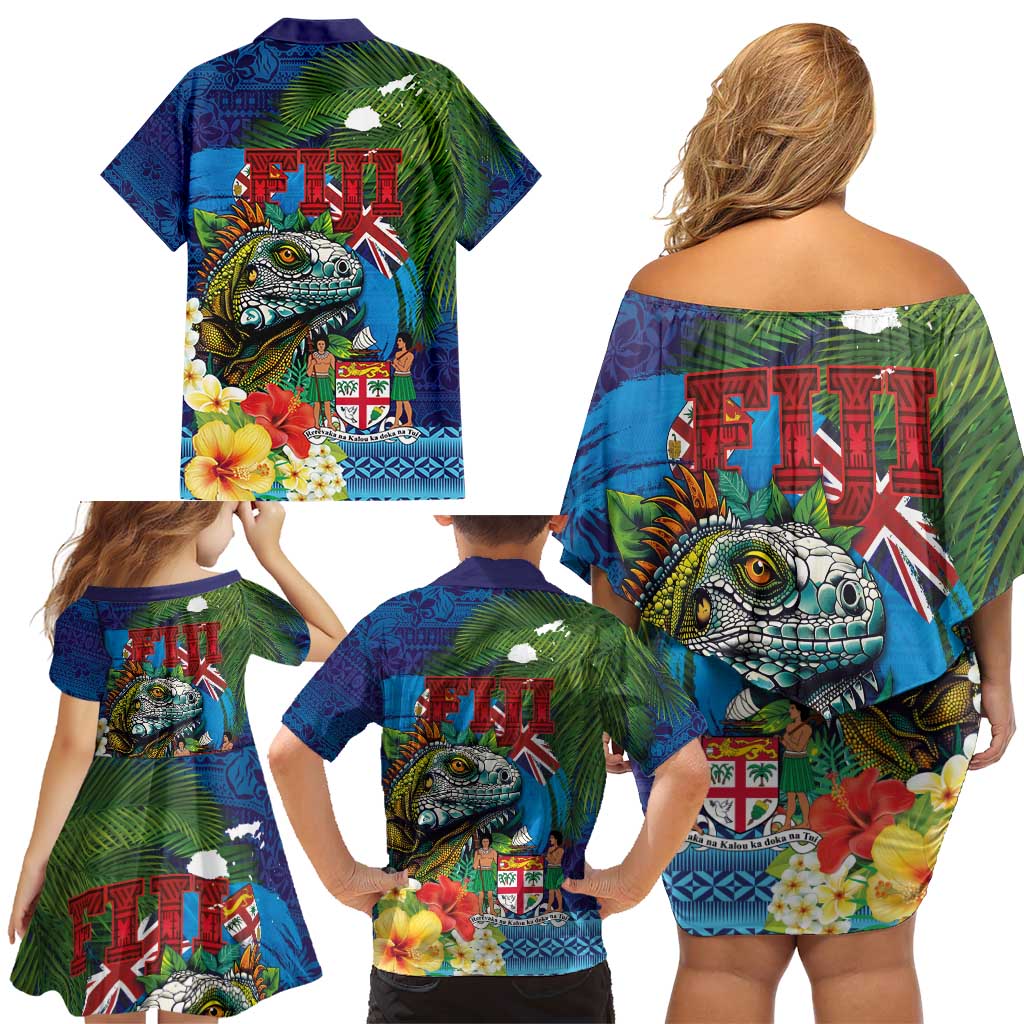 Fiji Iguana-Coat of Arms Family Matching Off Shoulder Short Dress and Hawaiian Shirt with Hibiscus and Plumeria Palm Tree Tapa Art
