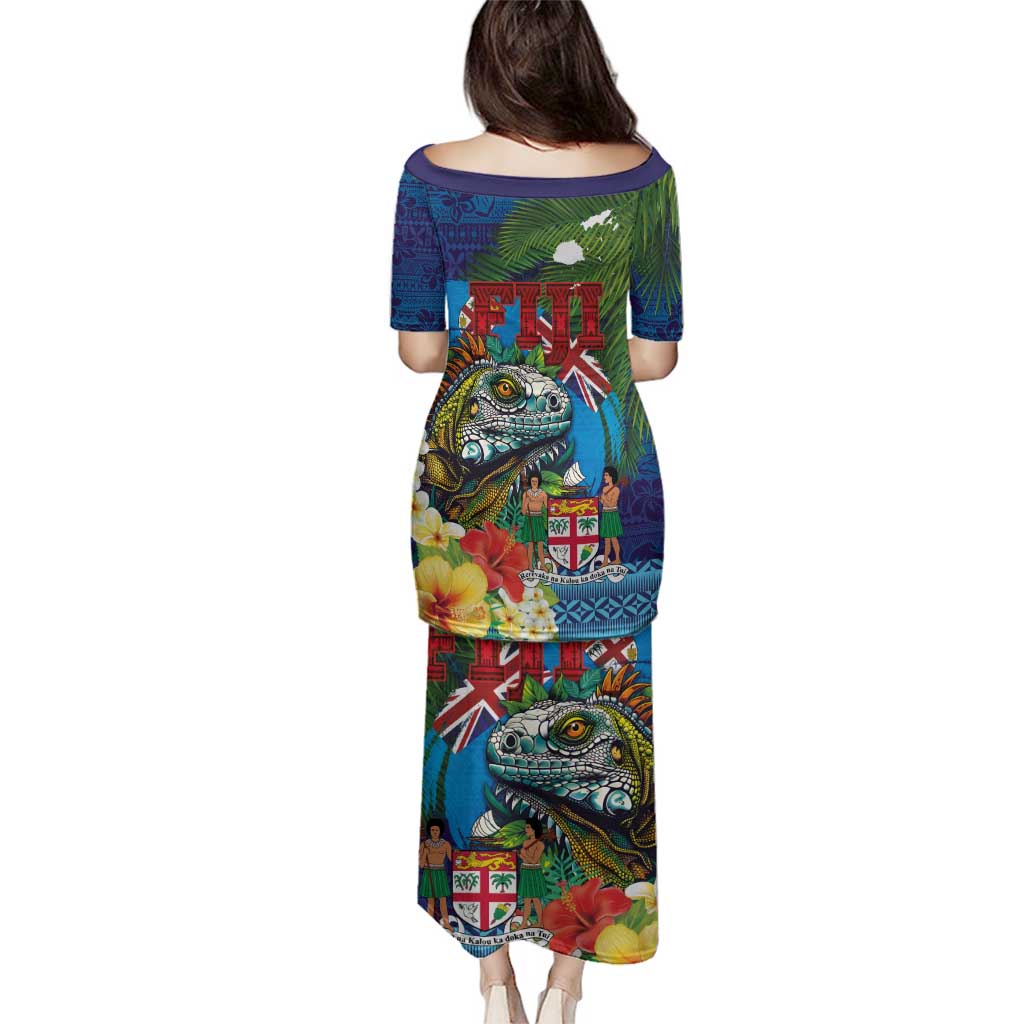 Fiji Iguana-Coat of Arms Family Matching Puletasi and Hawaiian Shirt with Hibiscus and Plumeria Palm Tree Tapa Art