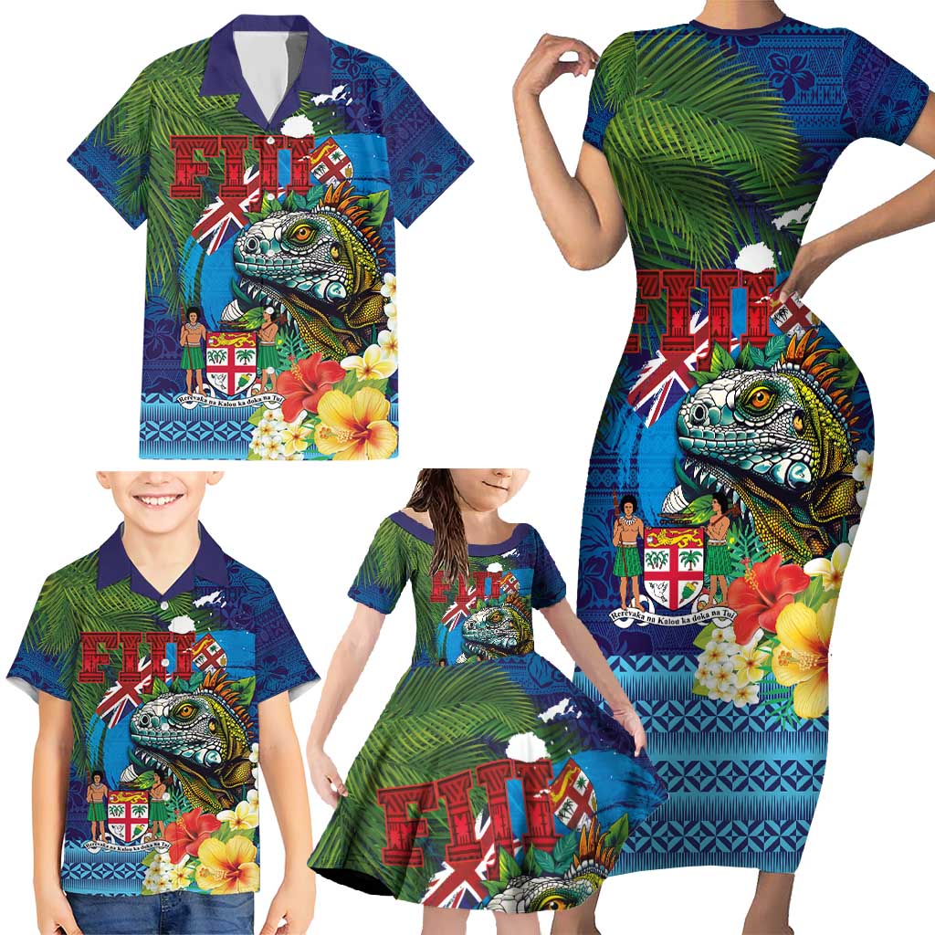 Fiji Iguana-Coat of Arms Family Matching Short Sleeve Bodycon Dress and Hawaiian Shirt with Hibiscus and Plumeria Palm Tree Tapa Art