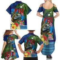Fiji Iguana-Coat of Arms Family Matching Summer Maxi Dress and Hawaiian Shirt with Hibiscus and Plumeria Palm Tree Tapa Art