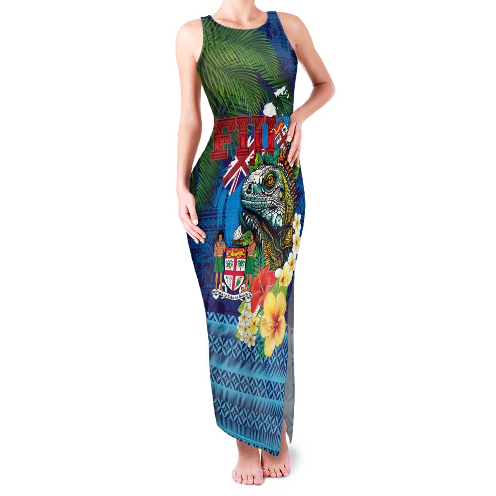 Fiji Iguana-Coat of Arms Family Matching Tank Maxi Dress and Hawaiian Shirt with Hibiscus and Plumeria Palm Tree Tapa Art