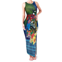 Fiji Iguana-Coat of Arms Family Matching Tank Maxi Dress and Hawaiian Shirt with Hibiscus and Plumeria Palm Tree Tapa Art