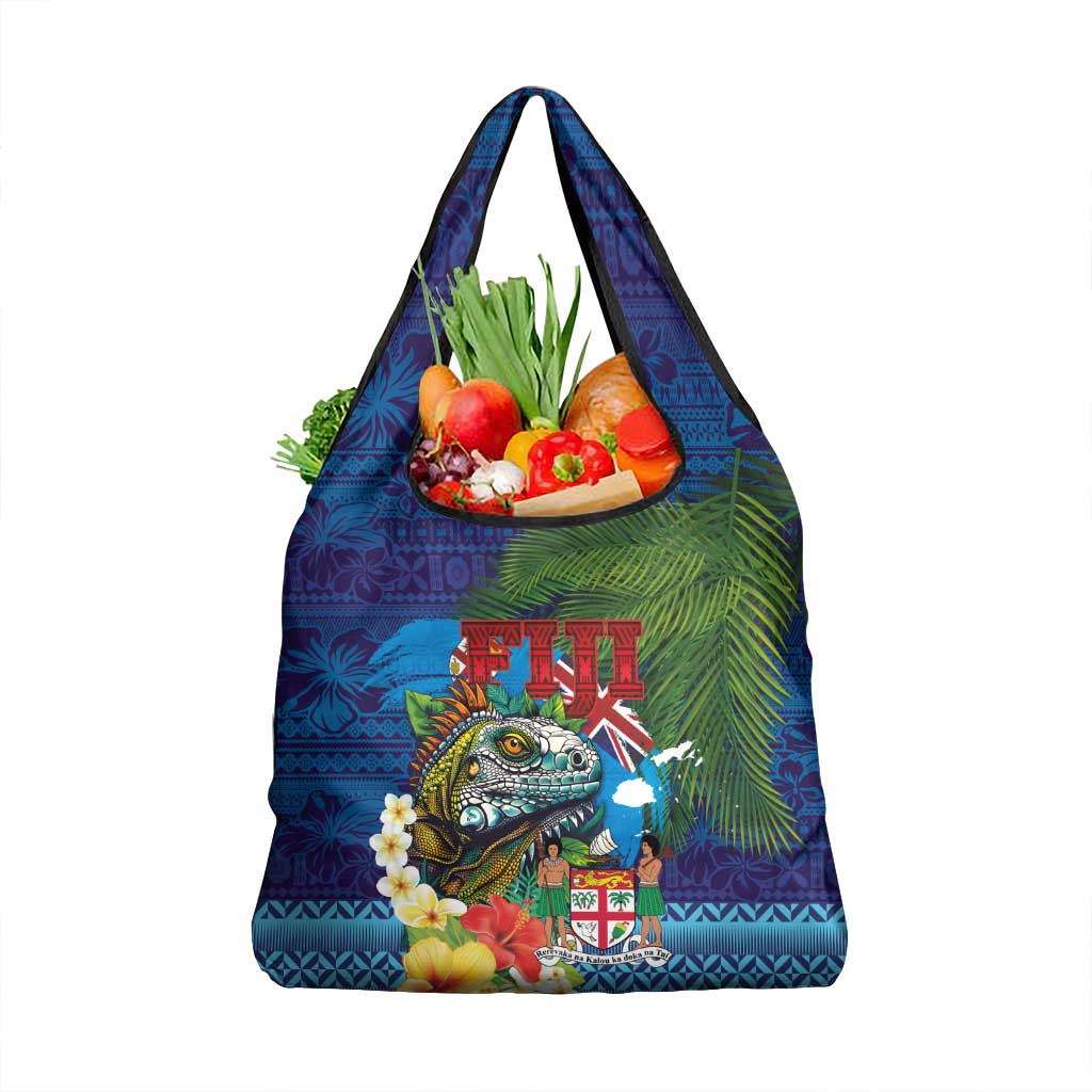 Fiji Iguana-Coat of Arms Grocery Bag with Hibiscus and Plumeria Palm Tree Tapa Art