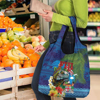 Fiji Iguana-Coat of Arms Grocery Bag with Hibiscus and Plumeria Palm Tree Tapa Art