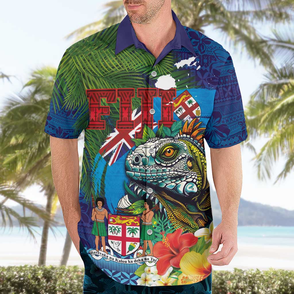 Fiji Iguana-Coat of Arms Hawaiian Shirt with Hibiscus and Plumeria Palm Tree Tapa Art LT03 - Polynesian Pride