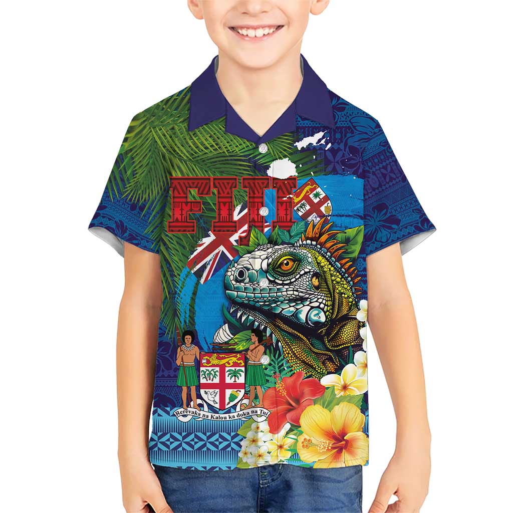 Fiji Iguana-Coat of Arms Hawaiian Shirt with Hibiscus and Plumeria Palm Tree Tapa Art LT03 - Polynesian Pride