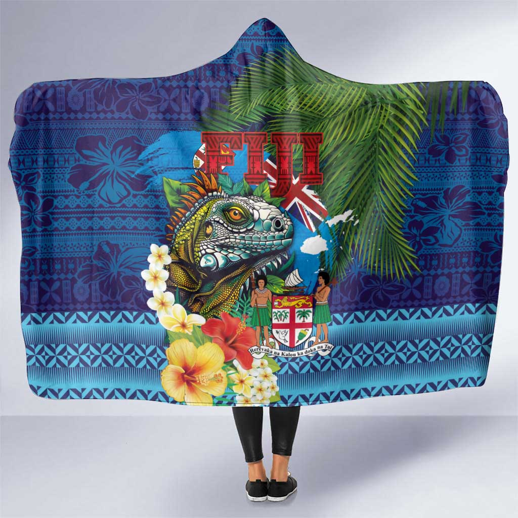Fiji Iguana-Coat of Arms Hooded Blanket with Hibiscus and Plumeria Palm Tree Tapa Art