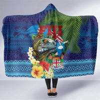 Fiji Iguana-Coat of Arms Hooded Blanket with Hibiscus and Plumeria Palm Tree Tapa Art