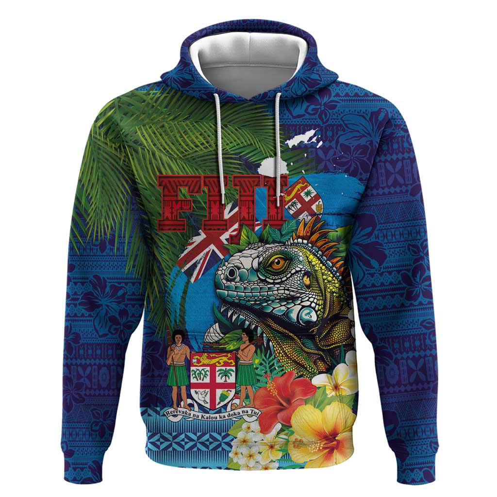 Fiji Iguana-Coat of Arms Hoodie with Hibiscus and Plumeria Palm Tree Tapa Art