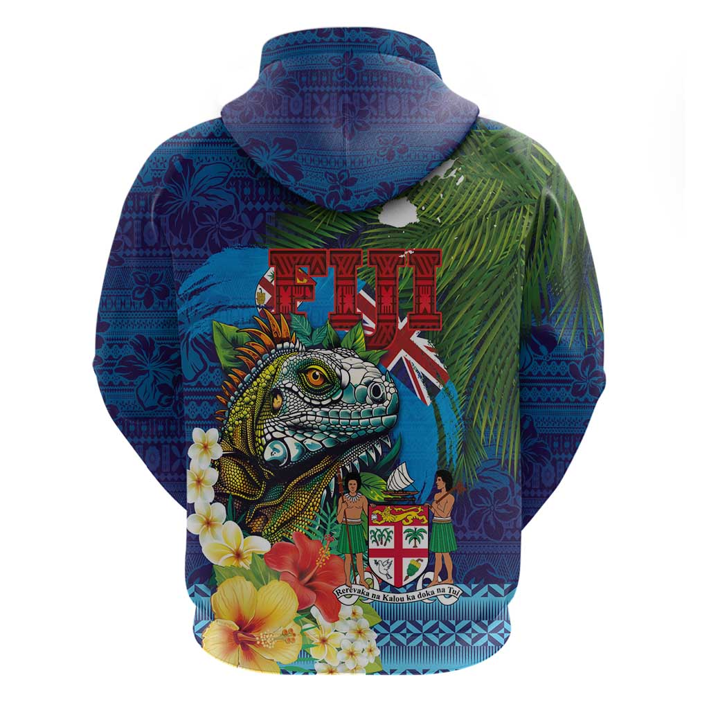 Fiji Iguana-Coat of Arms Hoodie with Hibiscus and Plumeria Palm Tree Tapa Art