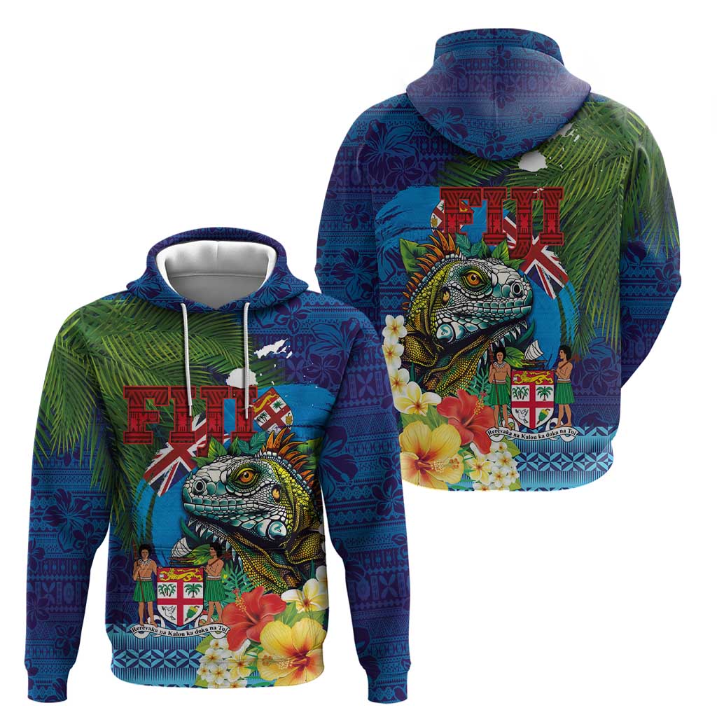 Fiji Iguana-Coat of Arms Hoodie with Hibiscus and Plumeria Palm Tree Tapa Art