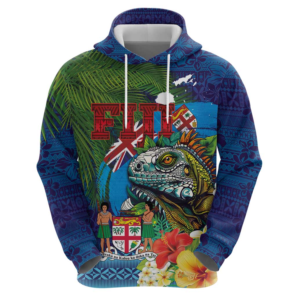 Fiji Iguana-Coat of Arms Hoodie with Hibiscus and Plumeria Palm Tree Tapa Art