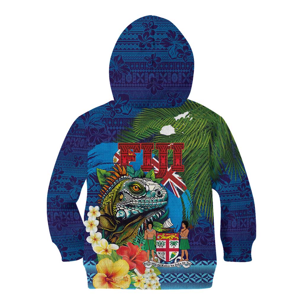 Fiji Iguana-Coat of Arms Kid Hoodie with Hibiscus and Plumeria Palm Tree Tapa Art