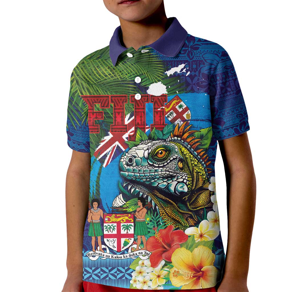 Fiji Iguana-Coat of Arms Kid Polo Shirt with Hibiscus and Plumeria Palm Tree Tapa Art