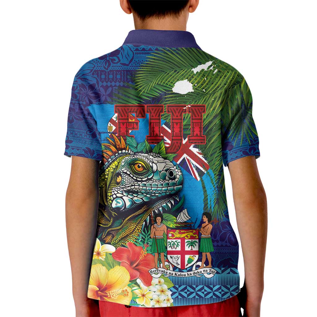 Fiji Iguana-Coat of Arms Kid Polo Shirt with Hibiscus and Plumeria Palm Tree Tapa Art
