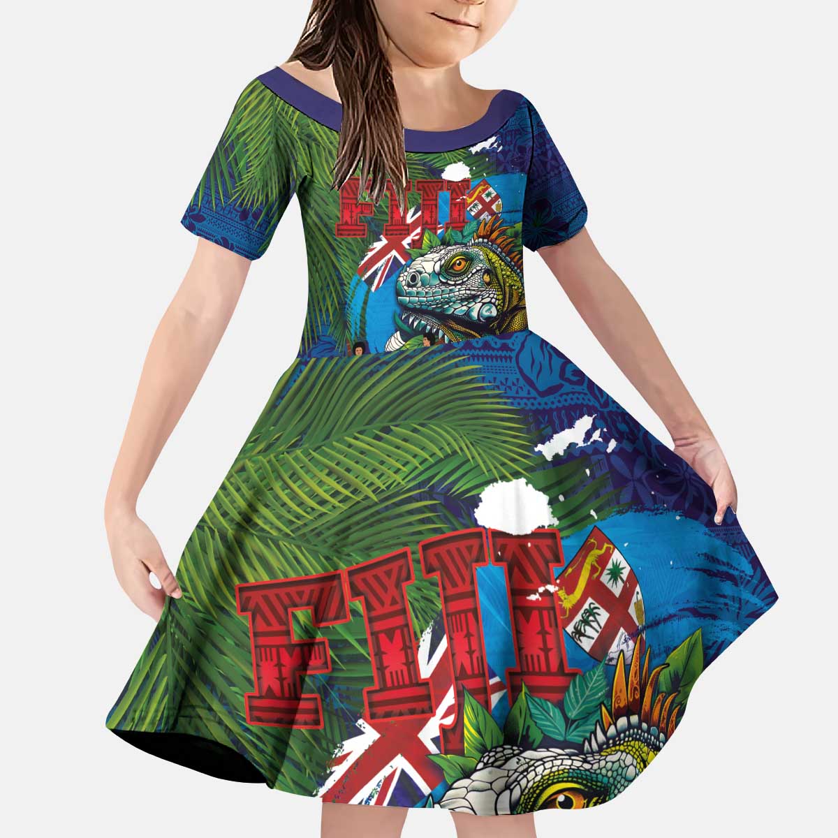Fiji Iguana-Coat of Arms Kid Short Sleeve Dress with Hibiscus and Plumeria Palm Tree Tapa Art
