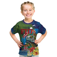 Fiji Iguana-Coat of Arms Kid T Shirt with Hibiscus and Plumeria Palm Tree Tapa Art LT03 Blue - Polynesian Pride
