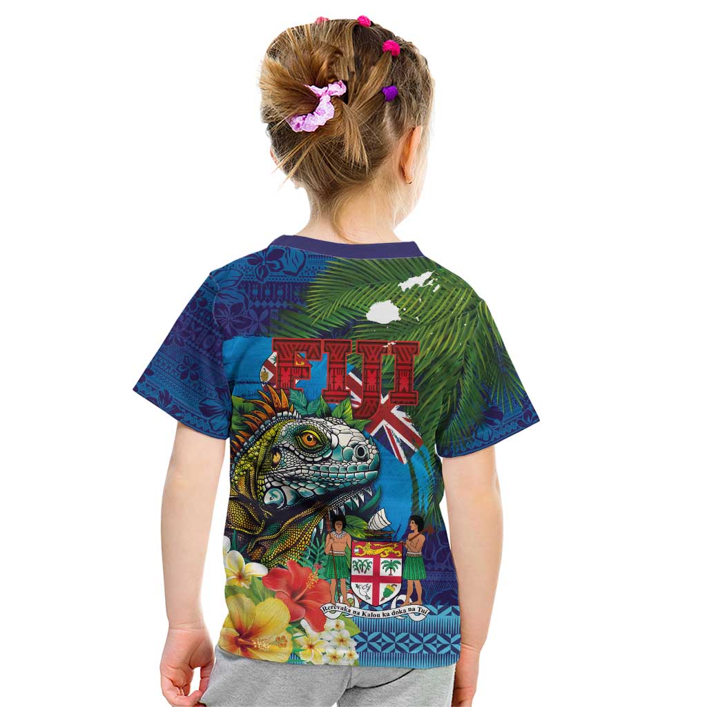 Fiji Iguana-Coat of Arms Kid T Shirt with Hibiscus and Plumeria Palm Tree Tapa Art LT03 - Polynesian Pride