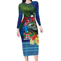 Fiji Iguana-Coat of Arms Long Sleeve Bodycon Dress with Hibiscus and Plumeria Palm Tree Tapa Art LT03 Long Dress Blue - Polynesian Pride