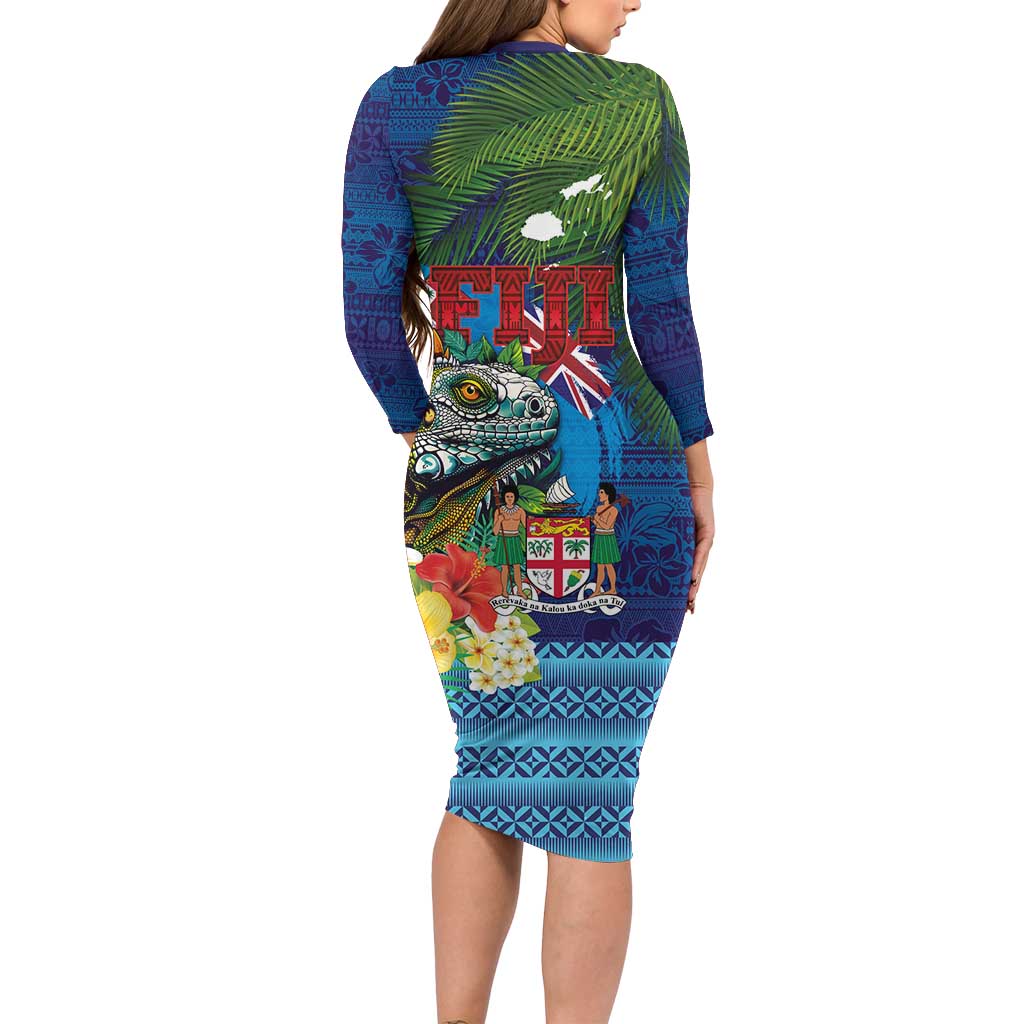 Fiji Iguana-Coat of Arms Long Sleeve Bodycon Dress with Hibiscus and Plumeria Palm Tree Tapa Art LT03 - Polynesian Pride