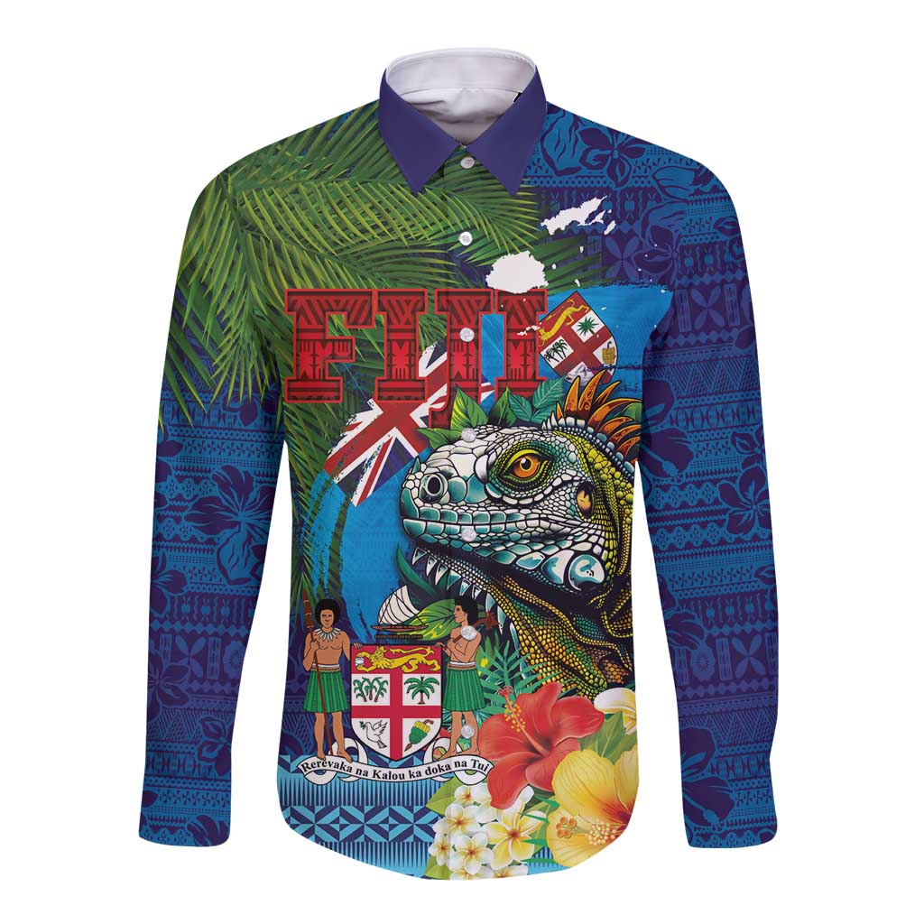 Fiji Iguana-Coat of Arms Long Sleeve Button Shirt with Hibiscus and Plumeria Palm Tree Tapa Art