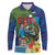 Fiji Iguana-Coat of Arms Long Sleeve Polo Shirt with Hibiscus and Plumeria Palm Tree Tapa Art