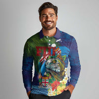 Fiji Iguana-Coat of Arms Long Sleeve Polo Shirt with Hibiscus and Plumeria Palm Tree Tapa Art