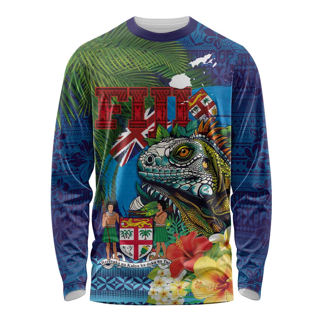 Fiji Iguana-Coat of Arms Long Sleeve Shirt with Hibiscus and Plumeria Palm Tree Tapa Art LT03 Unisex Blue - Polynesian Pride