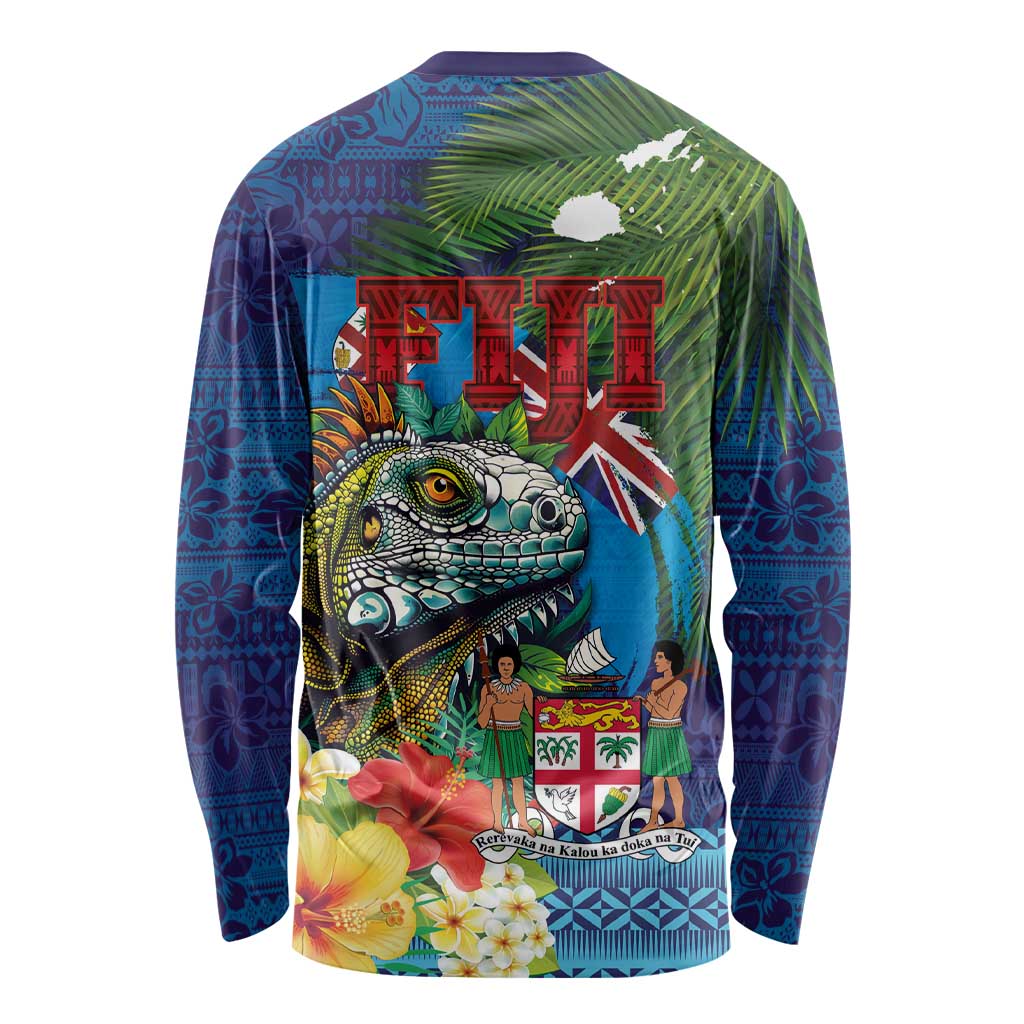 Fiji Iguana-Coat of Arms Long Sleeve Shirt with Hibiscus and Plumeria Palm Tree Tapa Art LT03 - Polynesian Pride