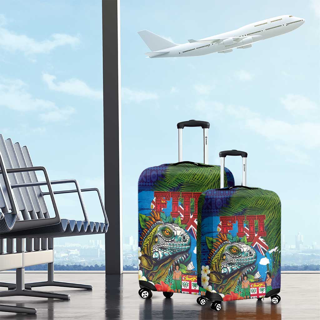 Fiji Iguana-Coat of Arms Luggage Cover with Hibiscus and Plumeria Palm Tree Tapa Art