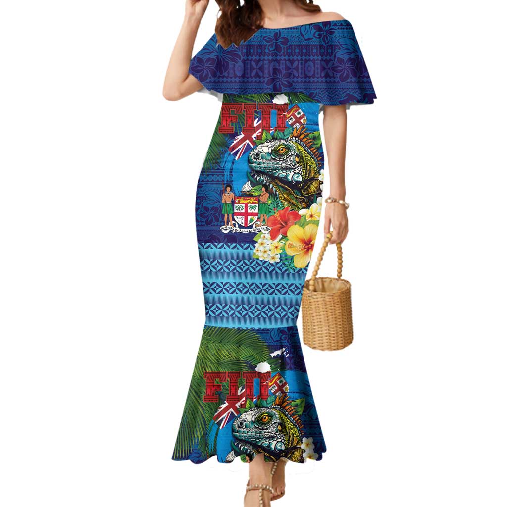 Fiji Iguana-Coat of Arms Mermaid Dress with Hibiscus and Plumeria Palm Tree Tapa Art LT03 Women Blue - Polynesian Pride